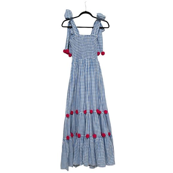 Sundress Pippa Maxi Dress Women's M/L Blue Gingham Check Pink Pom Pom Boho - Picture 6 of 8